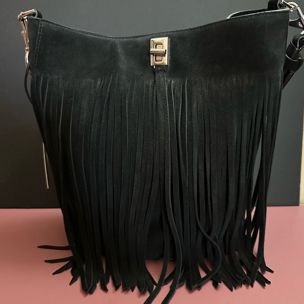 Rebecca Minkoff Darren Black Bucket Bag with Fringe Gorgeous Suede Leather